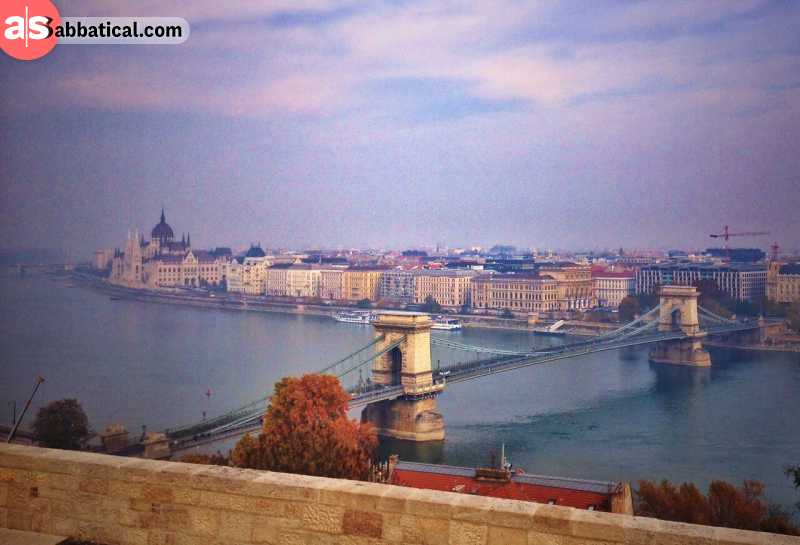 Pest as viewed from Buda. You can see Hungarian Parliament Building and the Széchenyi Chain Bridge.