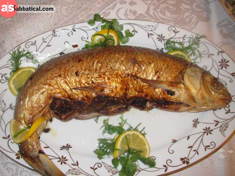 Baliq is grilled fish on a skewer, served with sour plum sauce.