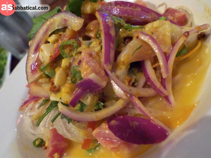 Kinilaw is a marinated salad mixed with a bunch of ingredients.