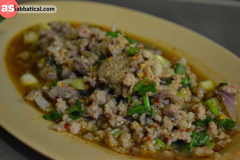 Laab Moo meat salad is made of minced meat and then combined with chilli, lemon juice, rice and fish sauce.