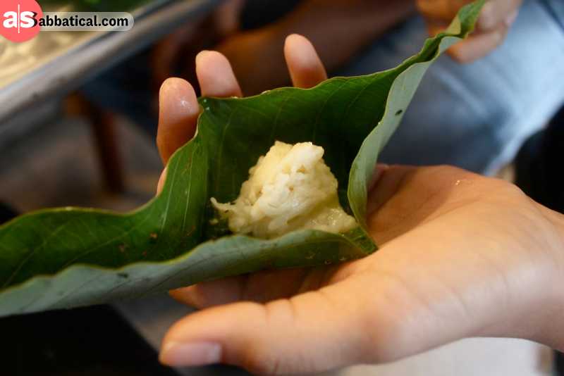 Tapai is essentially fermented rice wrapped in banana leaf.