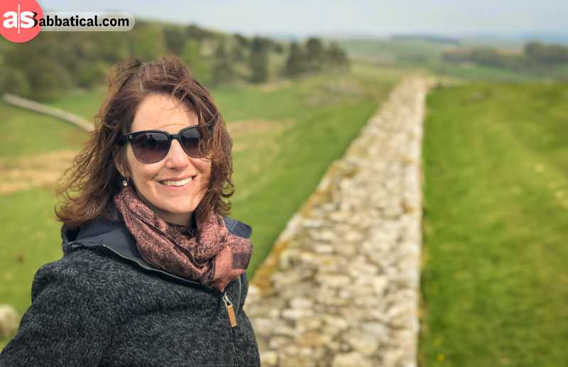 Panda standing on the Hadrian's Wall in England, close to Scotland