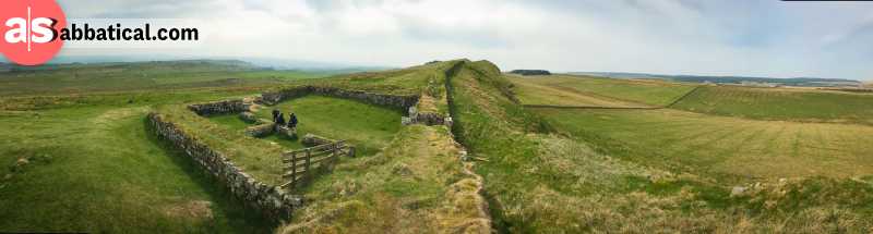 Panorama view high above the ruins of the Hadrian's Wall in England