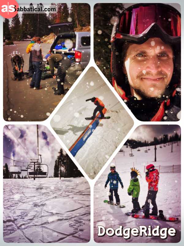 Dodge Ridge Ski Resort - getting a sunburn on my first snowboarding experience in North America