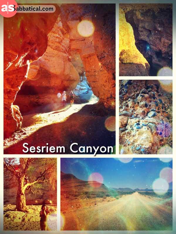 Sesriem Canyon - climbing down the small canyon before resting and camping in the middle of the desert