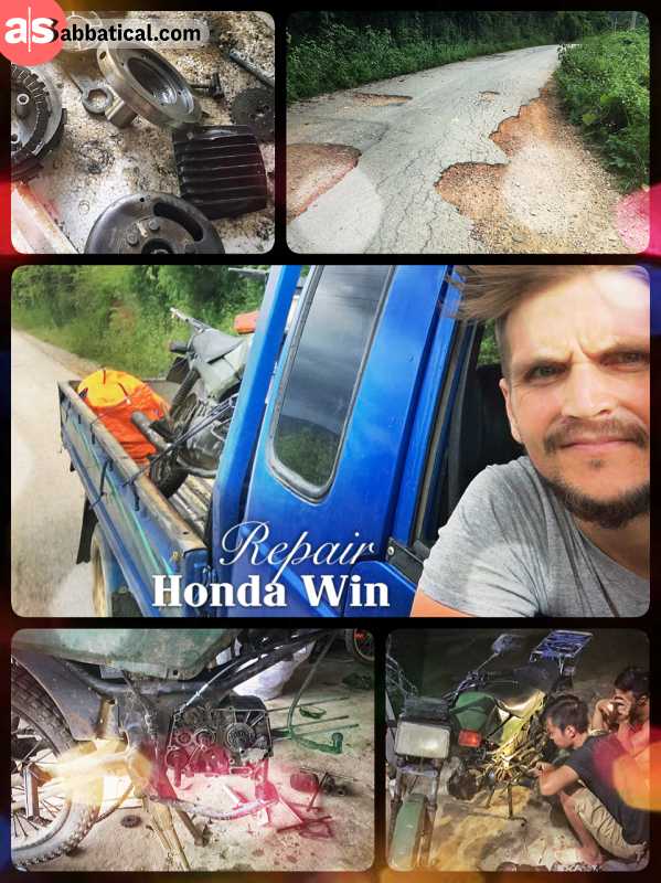 Honda Win Repair - breaking my precious bike after a few meters on bad Laotian roads