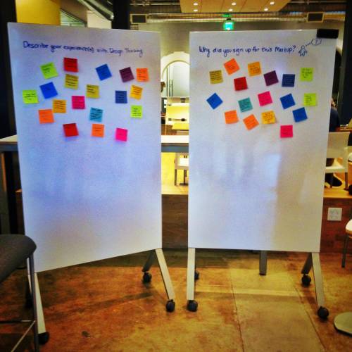 two large white boards with sticky notes representing your social media schedule
